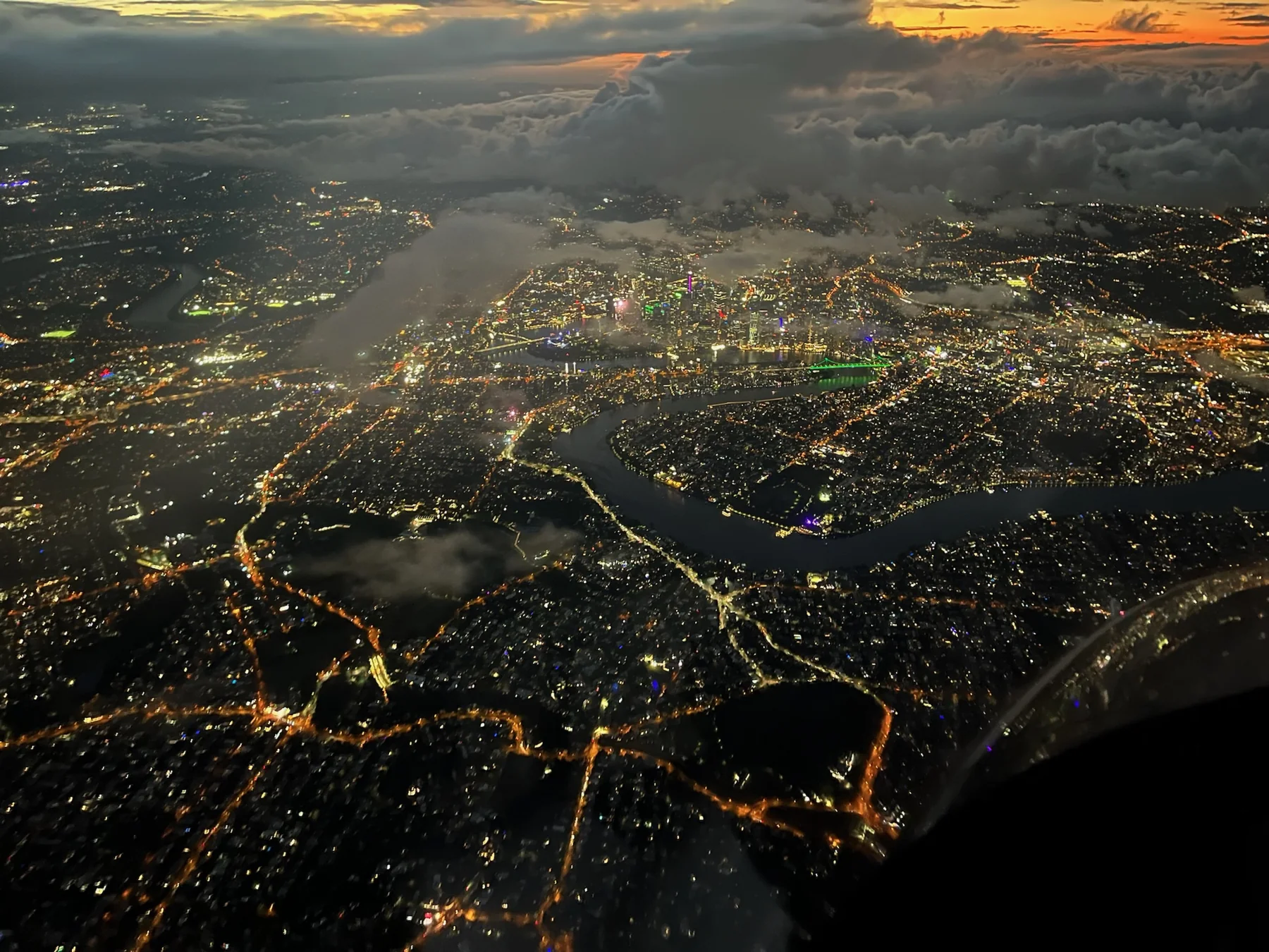 Brisbane and the river viewed from the air at dusk
